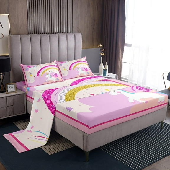 Erosebridal Cute Unicorn Sheet Set Twin,Bling Glitter Bedding Sets Twin SizeCartoon Rainbow Twin Sheet Sets,Ultra Soft Princess Room Decoration,3pcs
