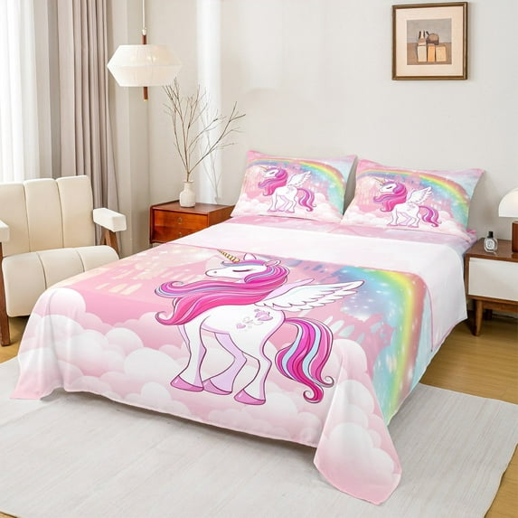 Erosebridal Cute Unicorn Sheet Set Twin,Fairy Castle Silhouette Bedding Sets Twin Size,Rainbow Galaxy Starry Twin Sheet Sets For Girls,Ultra Soft Bedroom Decorative,3-Piece