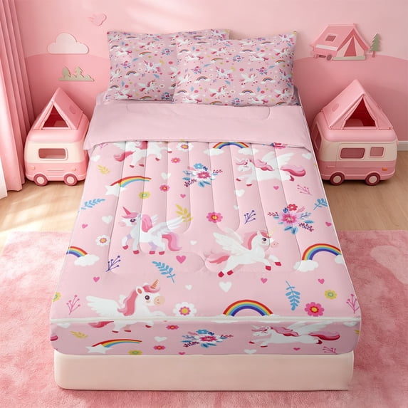 Erosebridal Cute Unicorn Zipper Twin Comforter Sets with Fitted Sheet and 2 Pillowcases,Rainbow Floral Heart Zipper Bedding Set For Girls,Pink Reversible,4pcs