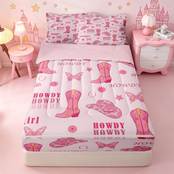 Erosebridal Cute Western Cowgirl Zipper Queen Comforter Set with Fitted Sheet and 2 Pillowcases,Butterfly Horseshoe Stars Accent Zipper Bedding Set For Girls,Pink Reversible,4-Piece