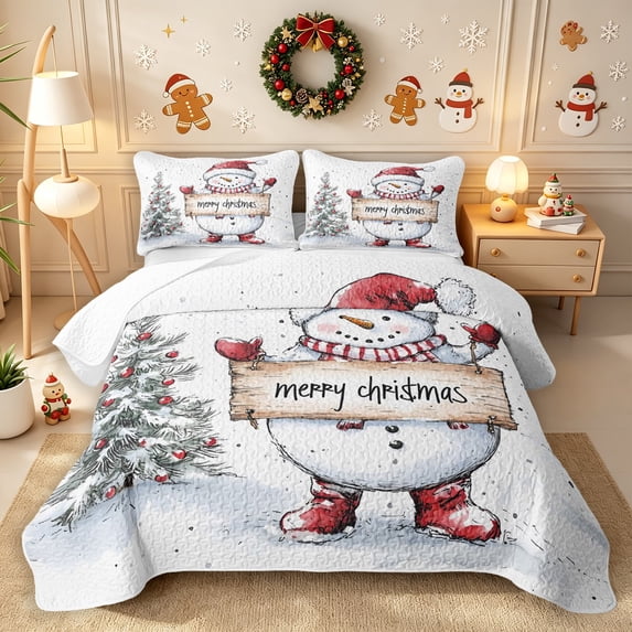 Erosebridal Cute Winter Snowman Quilt King 3 Pieces,Merry Christmas King Coverlet Set,Ivory,1 Bedspread and 2 Pillowcases
