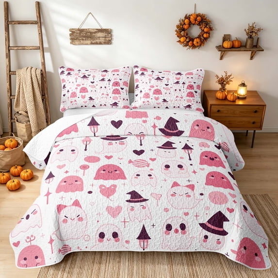 Erosebridal Cute Witch Ghost Twin Quilt Set, Cartoon Heart Lantern Twin Coverlet Set for Girls, White Pastel Pink Black, 2-Piece 1 Bedspread and 1 Pillowcase