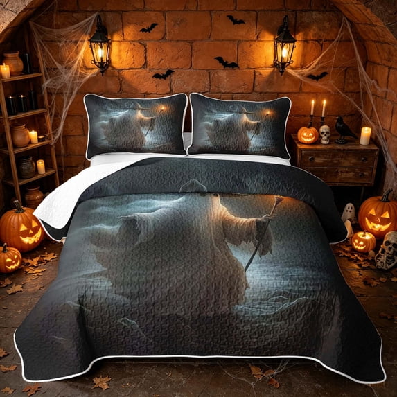 Erosebridal Cute Wizard Ghost Bed Spread Queen, Happy Halloween Queen Coverlet Set for Boys Girls, Ivory White Amber Black, 3pcs 1 Quilt and 2 Pillowcases