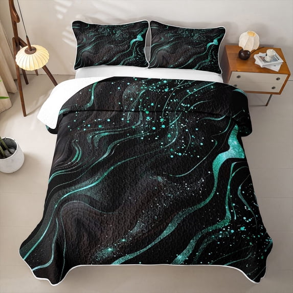 Erosebridal Cyan Abstract Wave Twin Quilt Set for Women Men, Marble Ombre Dot Print Twin Coverlet Set, 2pcs