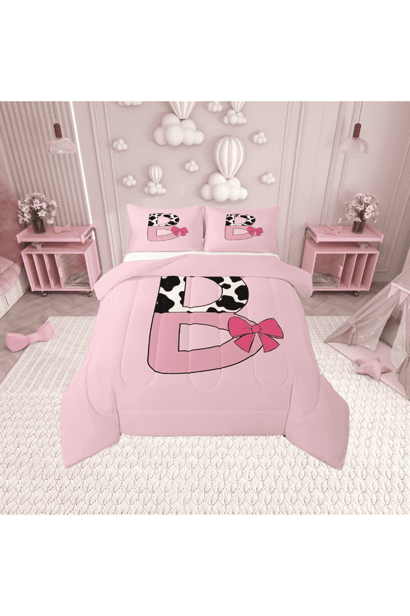 Letter Initial A Bedding Twin Comforter Set,Kawaii Bow Down Comforter,Super Cozy Reversible Bedding Sets Twin with Comforter,Cow Print Decor,3pcs
