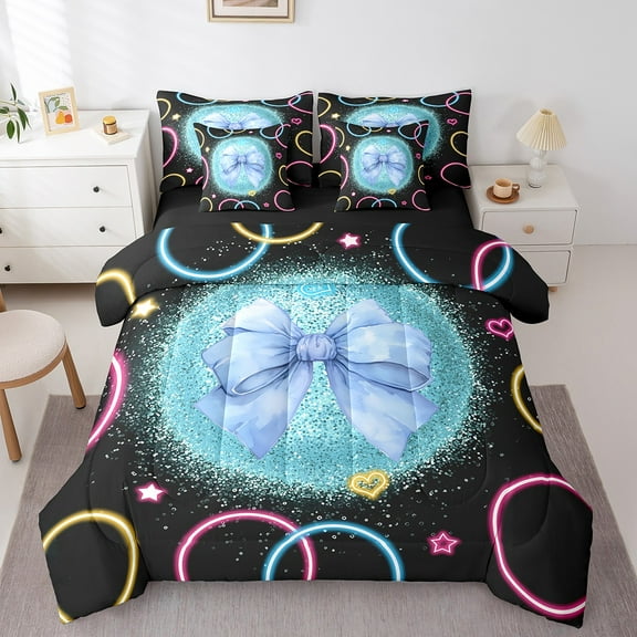 Erosebridal Cute Bowknot Bedding Sets King Size,Stars Circle Bed in a Bag King size,Super Cozy Reversible Bedding King Size,Bling Decor,7 Pieces