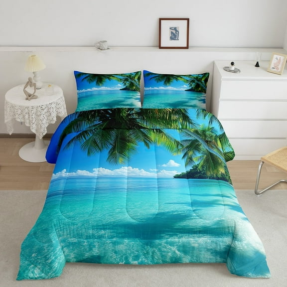 Erosebridal Cyan Ocean Bedding Sets King with Comforter, Tropical Tree Duvet Insert, Hawaii Beach Decor, Microfiber 3pcs
