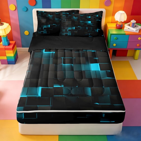 Erosebridal Cyan Plaid Zipper Full Size Comforter Sets with Fitted Sheet and 2 Pillowcases,Modern Abstract Geometric Zipper Bedding Set For Boys,Black Reversible,4 Pieces