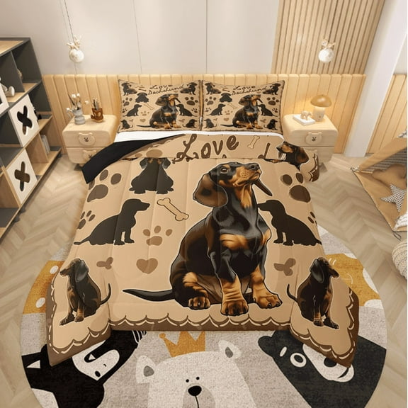 Erosebridal Dachshund Dog Bedding Sets Full with Comforter,Bone Paw Prints Duvet Insert,Animal Decor,Reversible,Ultra Soft,3pcs