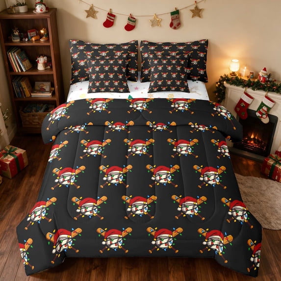Manfei Dachshund Queen Bedding 7 Pieces Christmas Bedding Comforter Set Queen, Black Gold, Xmas Reversible