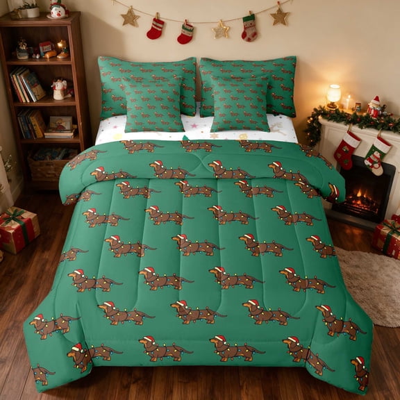 Manfei Dachshund Twin Bedding 7pcs Christmas Bedding Comforter Set, Blue White, Xmas Reversible