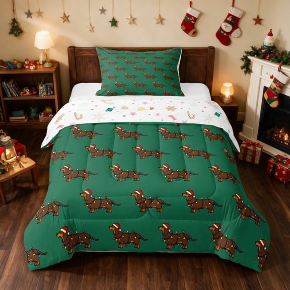 Manfei Dachshund Twin Comforter Sets Christmas Bedding Set, Blue White 2pcs 1 Comforter and 1 Pillowcase, Xmas Reversible