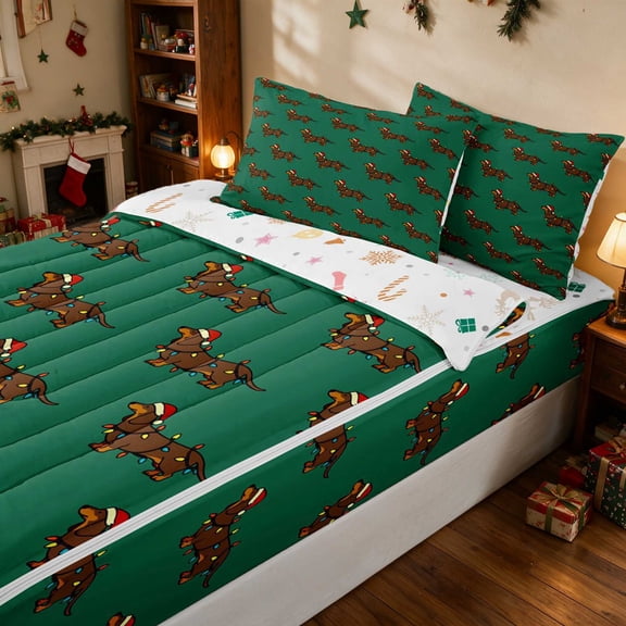 Manfei Dachshund Zipper Twin Comforter Sets with Fitted Sheet and 2 Pillowcases Christmas Zipper Bedding Set, Blue White, Xmas Reversible