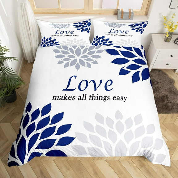 Erosebridal Dahlia Floral Duvet Cover Queen,Love Print Bedding Sets Queen Size,Blue Botanical Flower Comforter Cover Queen For Teens,Microfiber Bedroom Decor,3pcs（No Comforter）