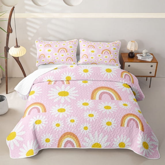 Erosebridal Daisy Flower Floral Twin Quilt Set for Girls, Boho Pink Rainbow Print Twin Coverlet Set, 2-Piece