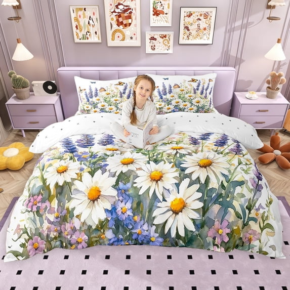 Erosebridal Daisy Lavender Duvet Cover Set for Girls, Spring Garden Floral Bedding Full, Reversible, 3pcs 1 Duvet Cover and 2 Pillowcases, No Comforter