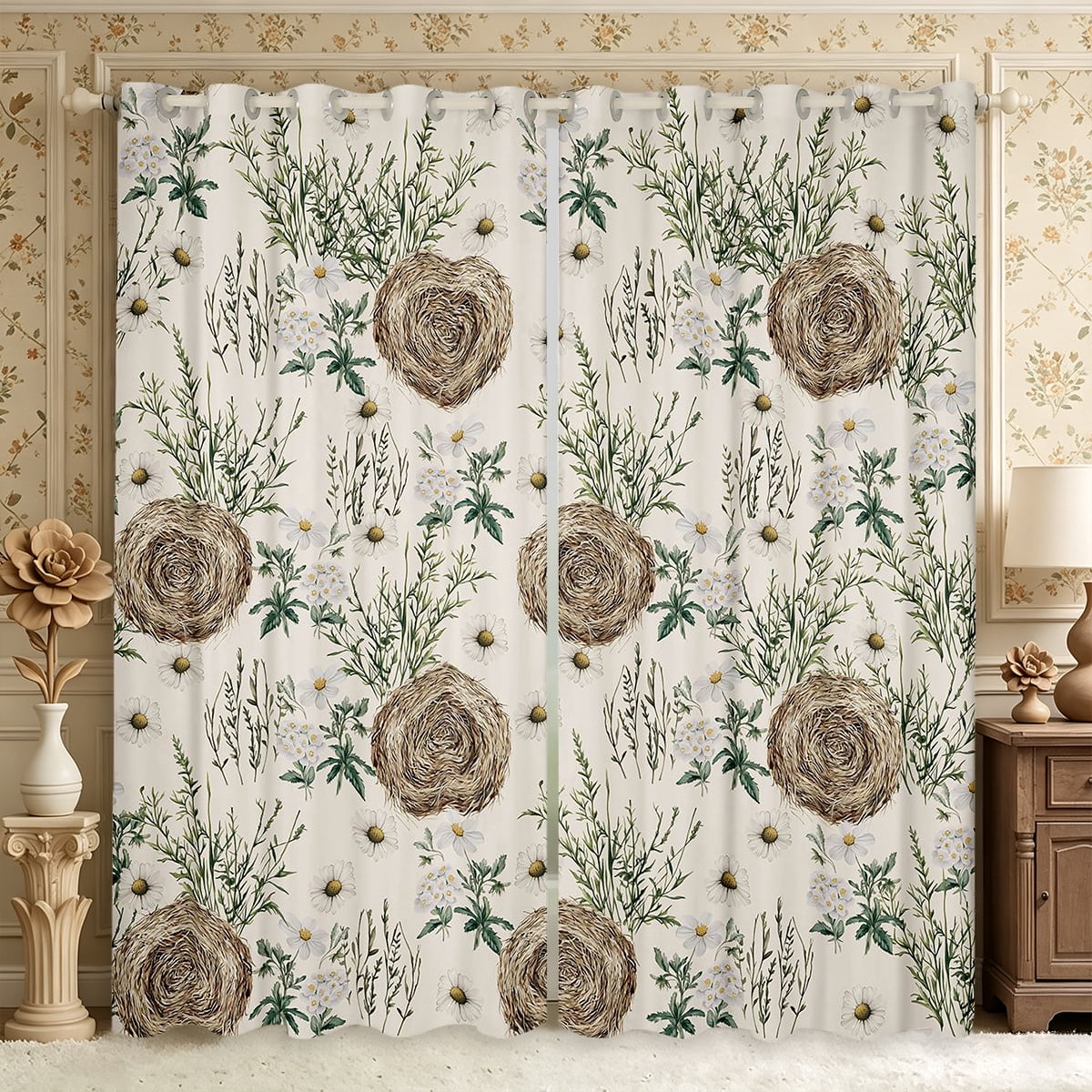 Rustic White Roses Erosebridal Daisy Nest Kitchen Curtains,Rustic Floral Black Out ...