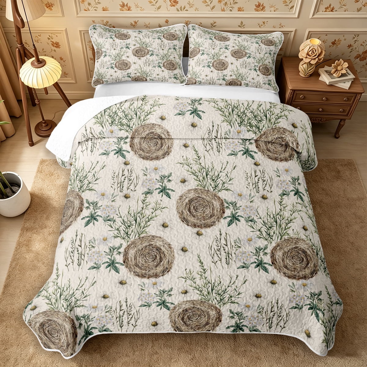 Rustic White Roses Erosebridal Daisy Nest Quilt King 3 Pieces,Rustic Floral King Coverlet ...