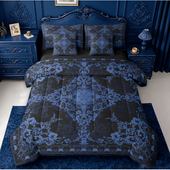 Erosebridal Damask Baroque Floral 7-Piece Twin Bedding Sets For Adult,Vintage Gothic Theme Bedding Comforter Set,Reversible black