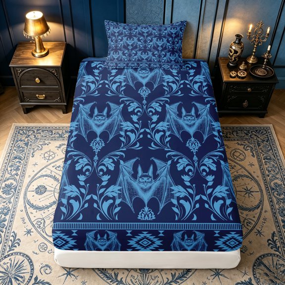 Erosebridal Damask Bat Twin Fitted Sheet, Geometric Aztec Print Bedding, Blue Navy, 2pcs, 1 Fitted Sheet and 1 Pillowcase