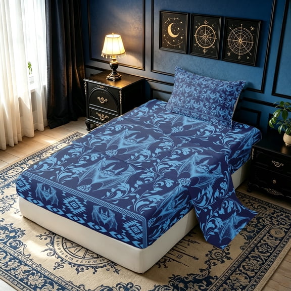 Erosebridal Damask Bat Twin Sheets, Geometric Aztec Print Bedding, Blue Navy, Blue Reversible, 3pcs, 1 Flat Sheet, 1 Fitted Sheet and 1 Pillowcase