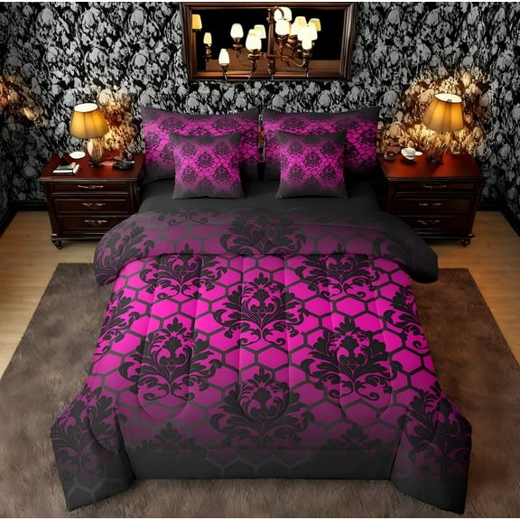 Erosebridal Damask Floral Bedding Sets Twin Size, Bohomian Print Bedding Accessories, Honeycomb Room Decor, Reversible 7pcs