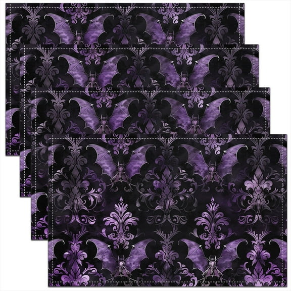 Erosebridal Damask Floral Placemats Set of 4, Purple Bat Table Mats for Dining Table Set of 4, Hippie Bohomian Decor