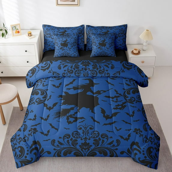 Erosebridal Damask Flower Bedding King Size, Blue Bed Set, Halloween Witch Bat Reversible Comforter Sets with Sheets, Microfiber Room Decoration, 7 Pieces