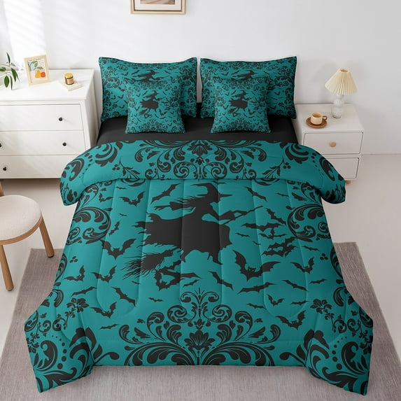 Erosebridal Damask Flower Bedding King Size, Teal Bed Set, Halloween Witch Bat Reversible Comforter Sets with Sheets, Super Cozy Room Decoration, 7-Piece