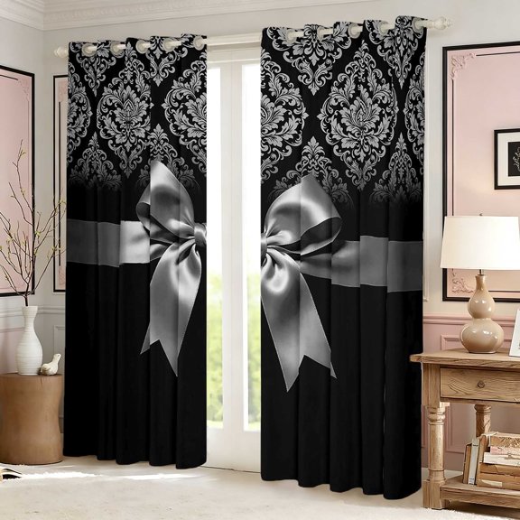 Erosebridal Damask Pattern Satin Bow Blackout Curtains Set of 2 (52x84 Each) for Girls, Elegant Floral Brocade Vintage Curtain
