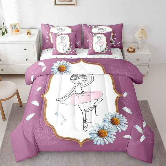 Erosebridal Dance Ballet Bedding Queen Size,Floral Daisy Comforter Sets with Sheets,Dreamy Princess Bedding Sets Queen Size,Super Cozy Kawaii Room Decor,Reversible,7 Pieces