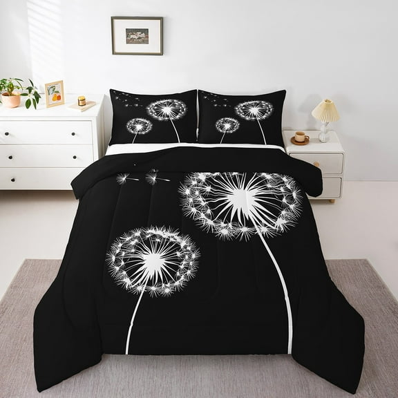 Erosebridal Dandelion Comforter Sets Twin Size,Floral Flower Comforters & Duvets,Black White Bedding Twin Comforter Set, Ultra Soft Bedroom Decoration,2-Piece Reversible