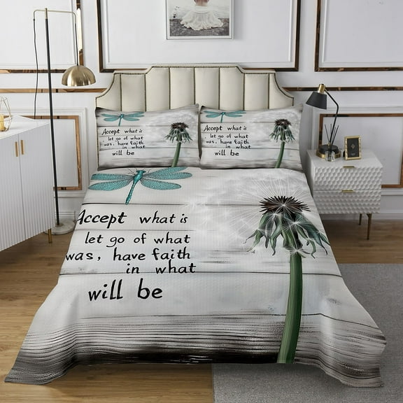 Erosebridal Dandelion Coverlet Set Queen, Motto Print Bedding Set, Rustic Farmhouse Decor
