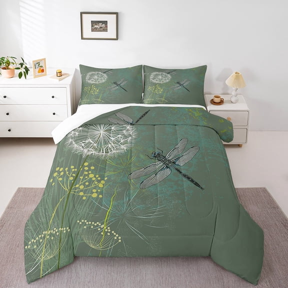 Erosebridal Dandelion Dragonfly Bedding Sets King with Comforter,Mother'S Day Gifts Bedding King Comforter Set,Gradient Ombre Down Comforter,Microfiber Floral Room Decoration,3-Piece