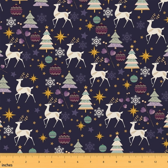Erosebridal Dark Blue Christmas Reindeer Fabric by the Yard 1 Yard, Winter Snowflake Home Decor Fabric by the Yard