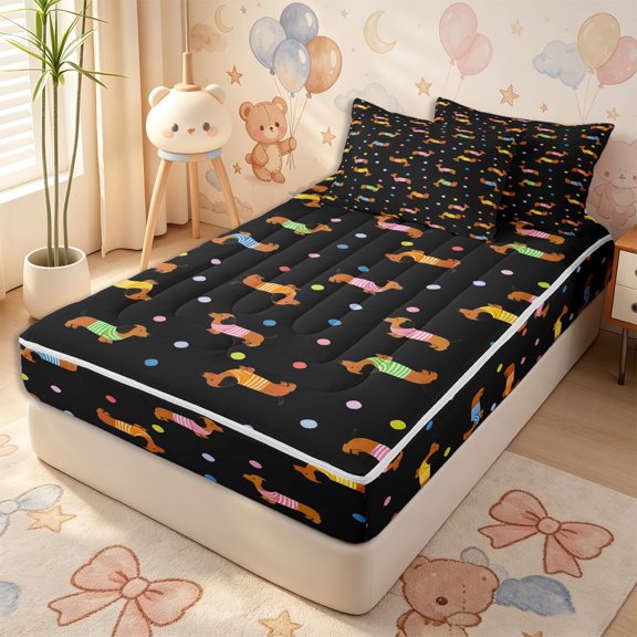 Erosebridal Dark Cartoon Dachshund Zipper Twin Comforter Sets with Fitted Sheet and 2 Pillowcases,Bright Speckle Dot Zipper Bedding Set,Black White,4-Piece,Black Reversible