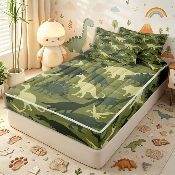 Erosebridal Dark Forest Camo Dino Zipper Twin Comforter Sets with Fitted Sheet and 2 Pillowcases,Faded Bone Fossil Zipper Bedding Set,Moss Green,4-Piece,Black Reversible