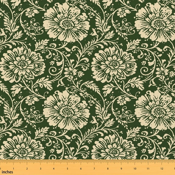 Erosebridal Dark Green Beige Damask Floral Fabric by the Yard 1 Yard, Scroll Vine Flower Pattern Home Decor Fabric by the Yard