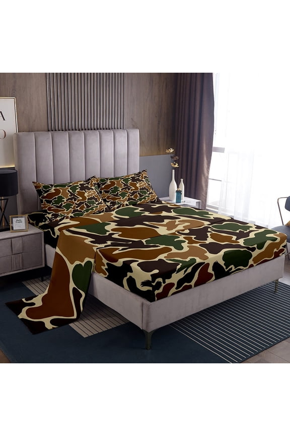 Dark Green Brown Camouflage Bed Sheets Twin , Aesthetic Abstract Artwork Bedding Sets Twin Size, Camo Bedroom Decor 3-Piece