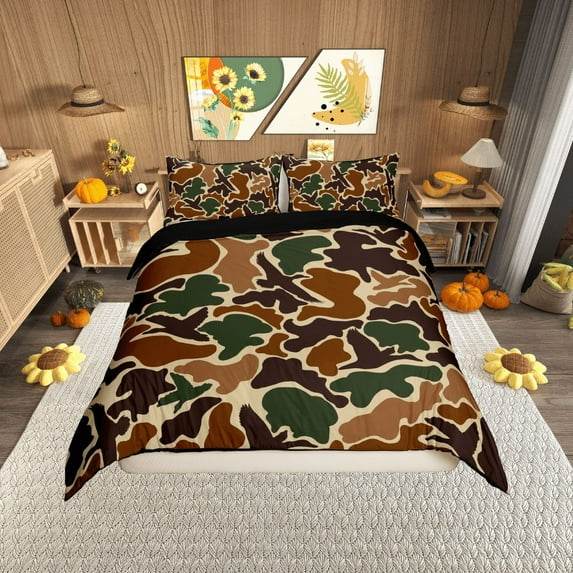 Erosebridal Dark Green Brown Camouflage Comforter Cover, Aesthetic Abstract Artwork Bedding, Camo Bedroom Decor, Reversible 2-Piece (No Comforter)