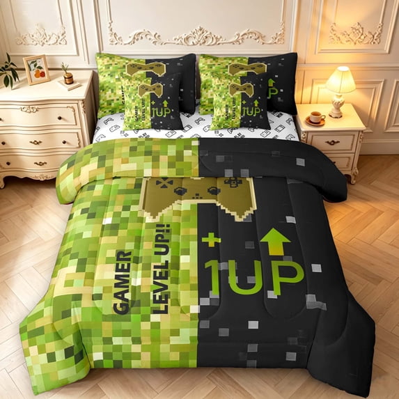 Erosebridal Dark Green Gamepad 7-Piece King Bedding,Pixel Fun King Bed ...