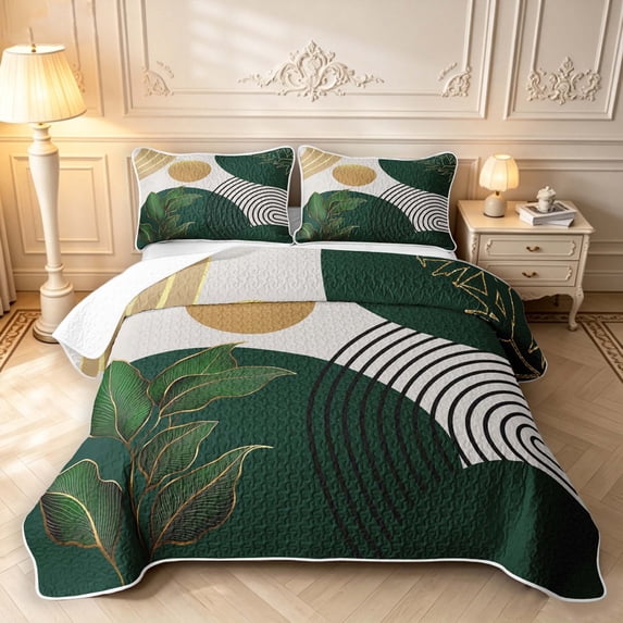 Erosebridal Dark Green Gold Leaves Quilt Full,Abstract Arches Circles ...