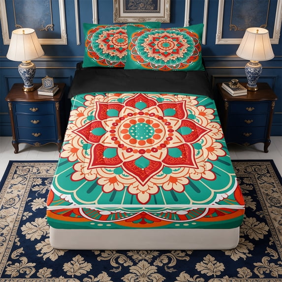 Erosebridal Dark Green Mandala Zipper Queen Comforter Set with Fitted Sheet and 2 Pillowcases,Colorful Ethnic Motif Zipper Bedding Set,Black Reversible,4 Pieces
