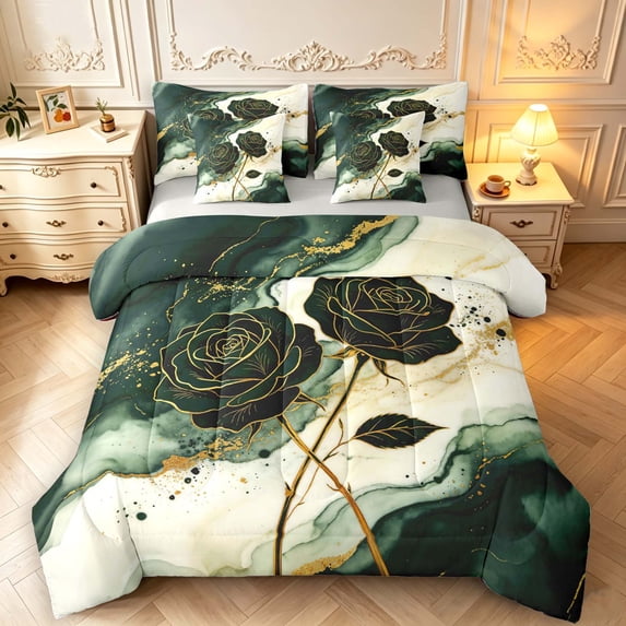 Erosebridal Dark Green Marble Rose Line 7-Piece Twin Bedding,Elegant ...