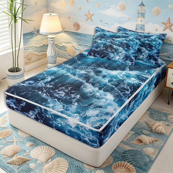 Erosebridal Dark Ocean Wave Print Zipper Twin Comforter Sets with Fitted Sheet and 2 Pillowcases,Foam Deep Sea Texture Accent Zipper Bedding Set,Navy Cyan,4-Piece,Navy Blue Reversible