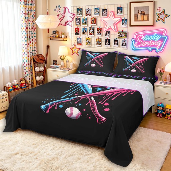 Erosebridal Dark Purple Dripping Black Background Crossed Baseball Bats & Helmet Graphic Full Size Sheets 4-Piece, Sport Graphic Bed Sheets for Girls Kids,Ultra Soft Home Decor