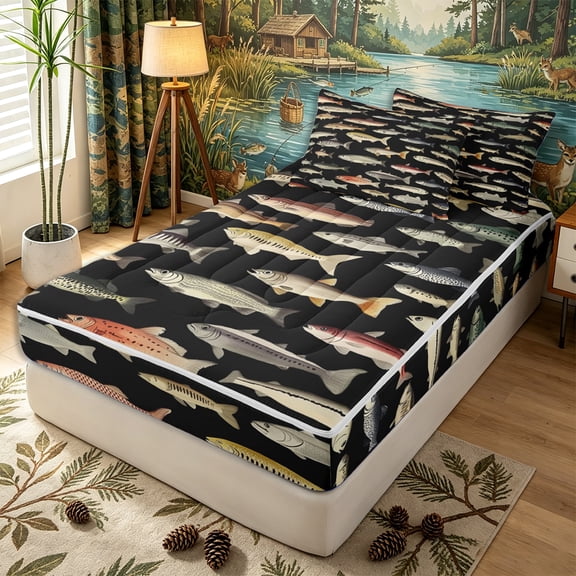 Erosebridal Dark Retro Trout Print Zipper Full Size Comforter Sets with Fitted Sheet and 2 Pillowcases,Lake Fish Zipper Bedding Set,Charcoal Sepia,4pcs,Black Reversible