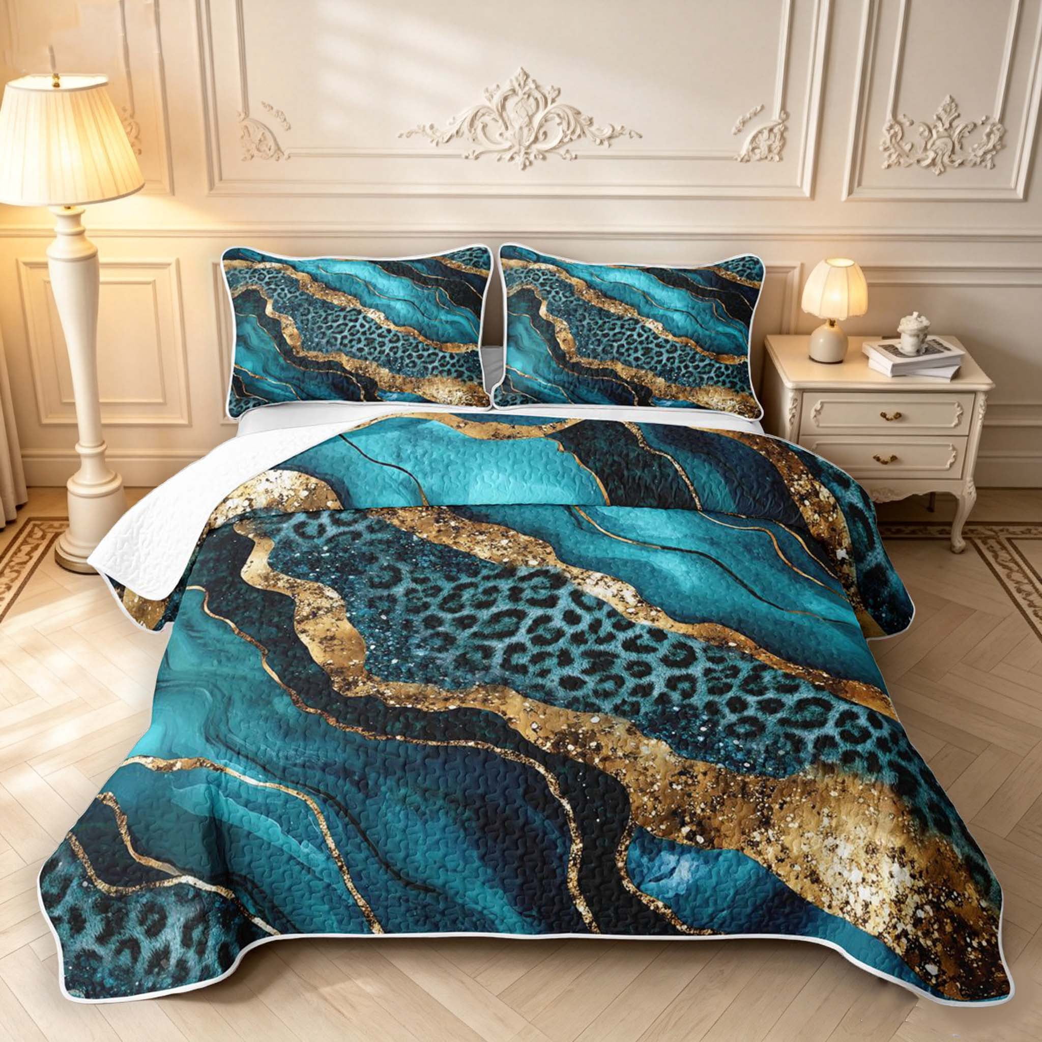 Erosebridal Dark Teal Marble Leopard Gold Quilt King,Modern Blue ...