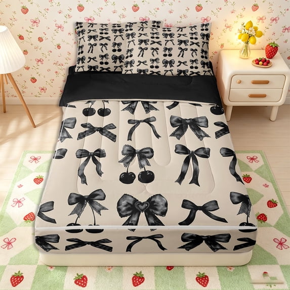 Erosebridal Dark Tone Bow Pattern Zipper Full Size Comforter Sets with Fitted Sheet and 2 Pillowcases,Cherry Fruit Print Zipper Bedding Set,Black Beige,Black Reversible