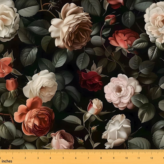 Erosebridal Dark Vintage Rose Fabric by the Yard 1 Yard, Beige Coral Crimson Flower Pattern Home Decor Fabric by the Yard